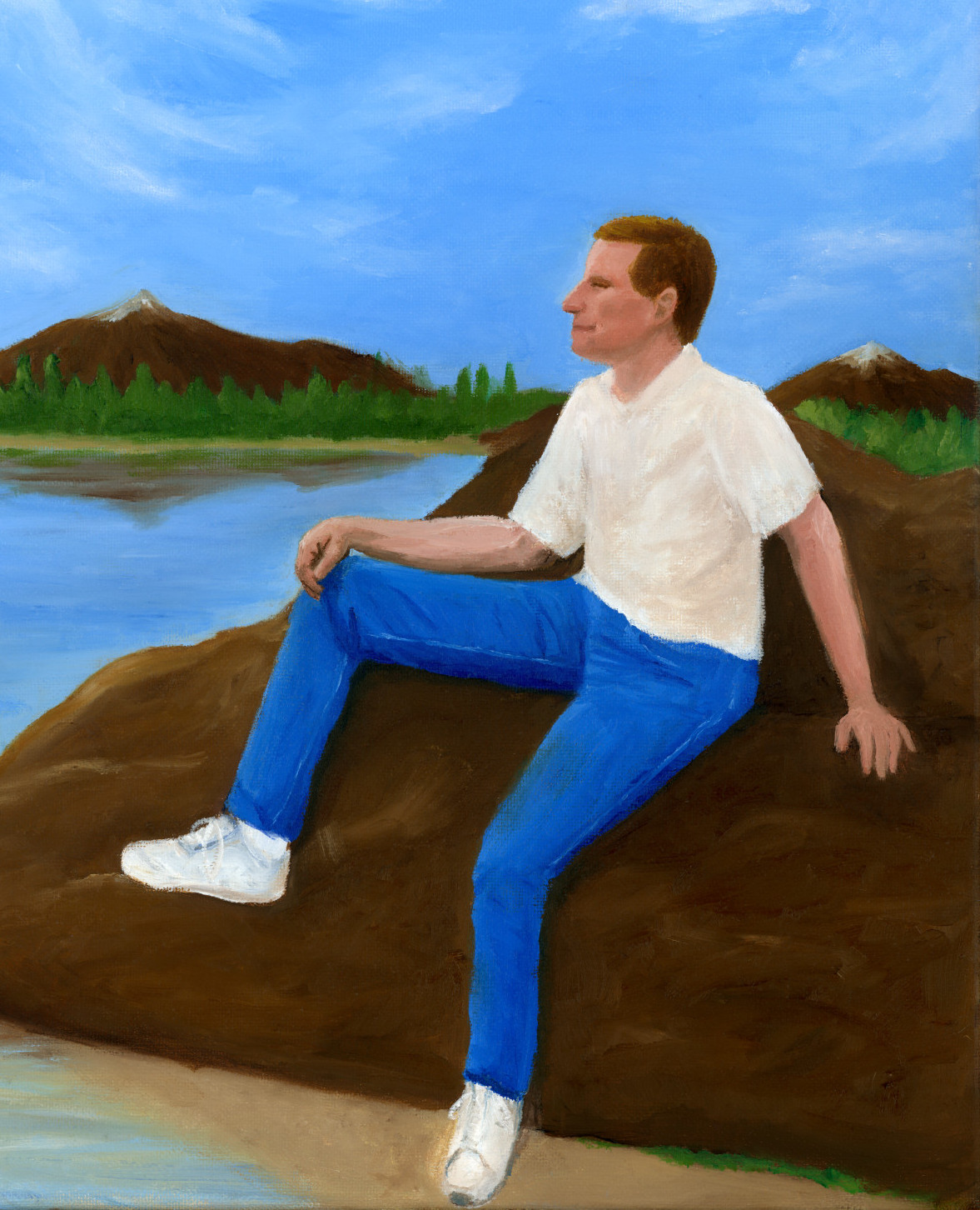 Oil painting of Michael Hall, The Techno Scholar, in a thinking pose — artwork by Hailey Hall.